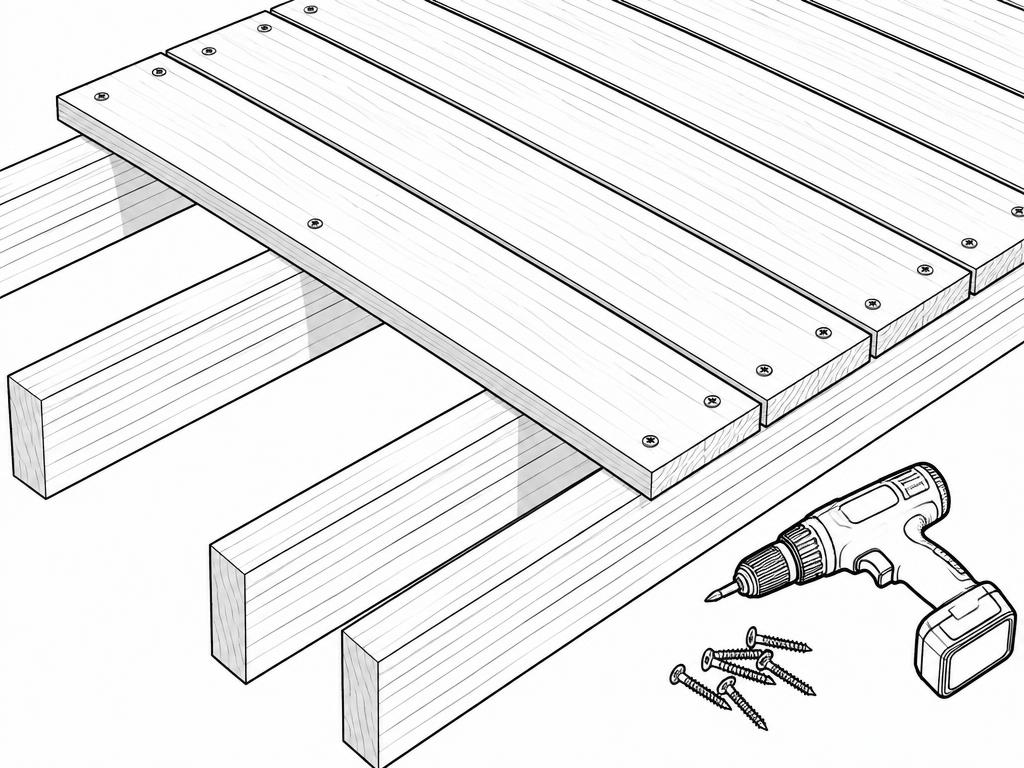 Deck boards screwed across joists with even gaps